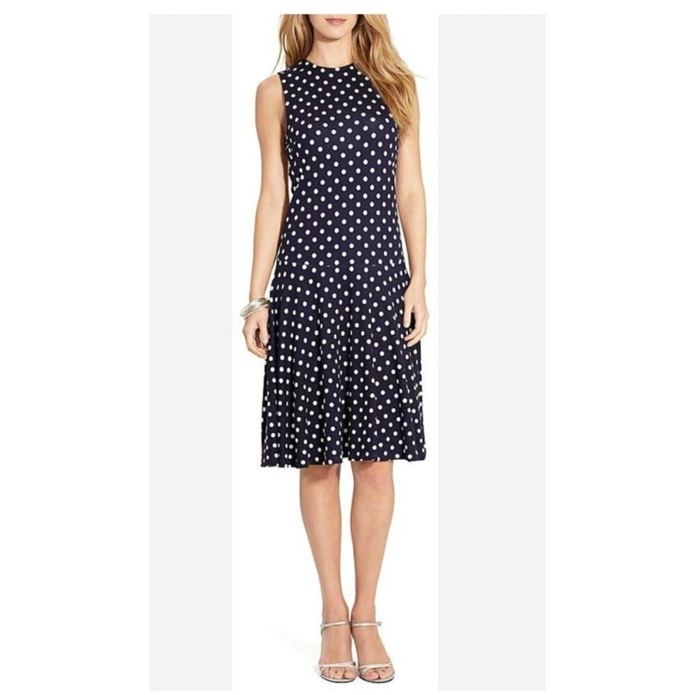 NEW Lauren Ralph Lauren Midi Dress Medium Polka Dot Drop Waist B & W Preppy Mod